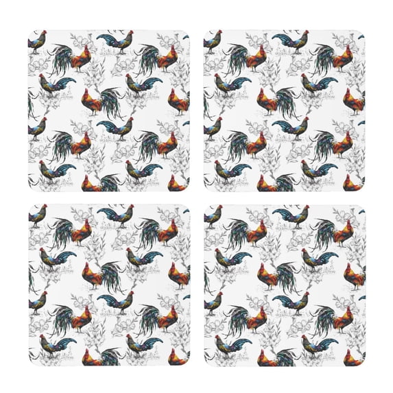 Xecao Cool Chicken for MDF Cork Coaster 4 Pcs,Drink Coasters,Suit for House Warming Gifts New Home ,Coffee Table Decor-Square