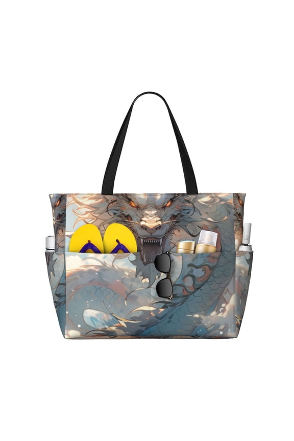 Cool Cloud White Dragon for versatile beach bag for women includes zipper pockets and waterproof material, ideal for vacations and adventures.