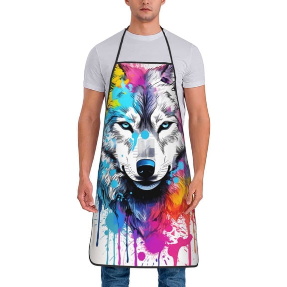 Xecao Cool Colorful Wolf Print Funny BBQ Chef Aprons for Men Women,Adjustable Kitchen Cooking Aprons with Pocket Waterproof Oil Proof No Pilling Fading