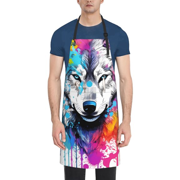 Xecao Cool Colorful Wolf Print Kitchen Cooking Aprons, Waterproof Adjustable Bib Aprons with 2 Pockets for Women Men Chef