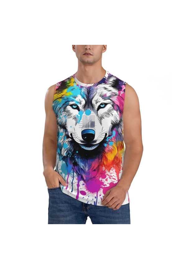 Cool Colorful Wolf Print Men's Tank Top: Sleek Sleeveless Tee for Casual Sports and Beach Occasions-XX-Large