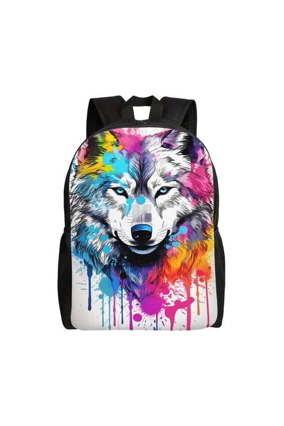 Cool Colorful Wolf Print School Backpack with Laptop Compartment Small Travel Laptop Backpack for Women Men Waterproof College Backpack Simple School Bag