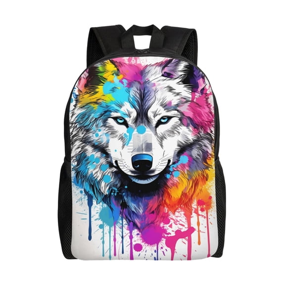 Xecao Cool Colorful Wolf Print School Backpack with Laptop Compartment Small Travel Laptop Backpack for Women Men Waterproof College Backpack Simple School Bag