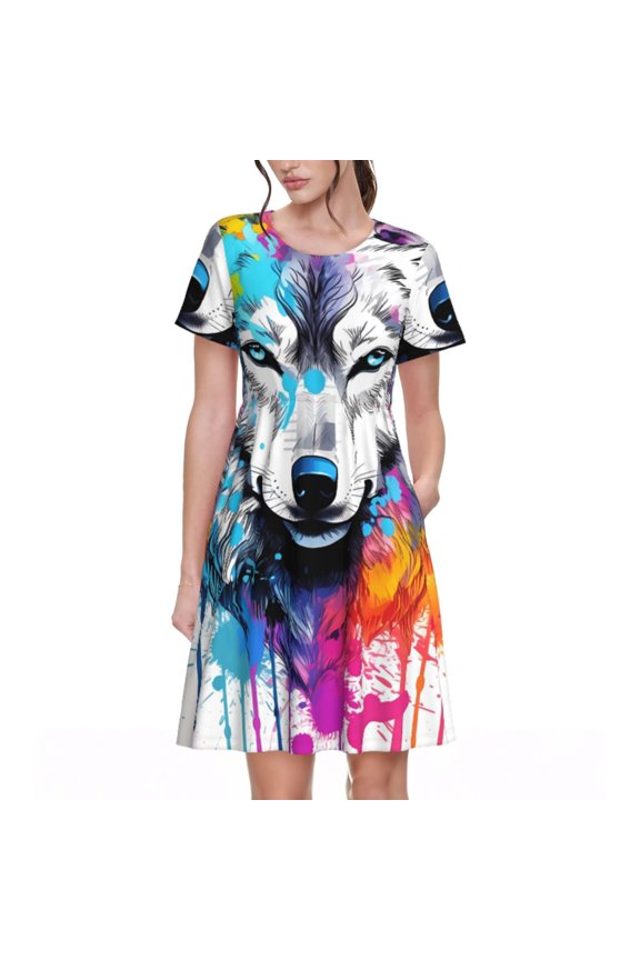 Cool Colorful Wolf for Women Summer Short Sleeve Midi Dress with Pockets Casual Aline Flowy Tshirt Dress Vocation Beach Sundress