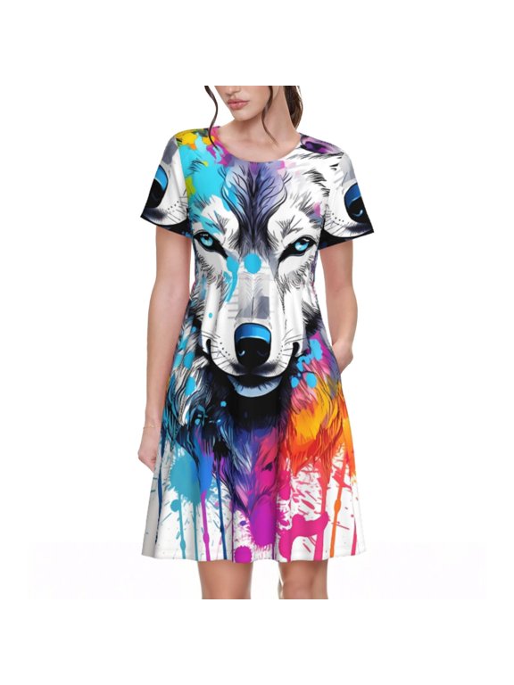 Cool Colorful Wolf for Women Summer Short Sleeve Midi Dress with Pockets Casual Aline Flowy Tshirt Dress Vocation Beach Sundress