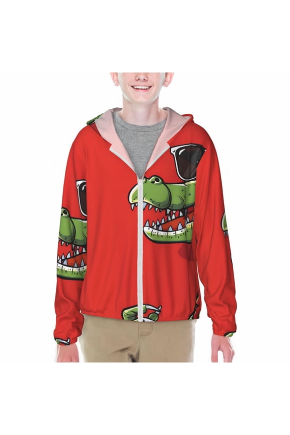Cool Crocodile With Sunglasses Print Fishing Shirts for teenager Long Sleeve UV Sun Protection Hoodie with Zipper Outdoor Hiking Shirts-XX-Large