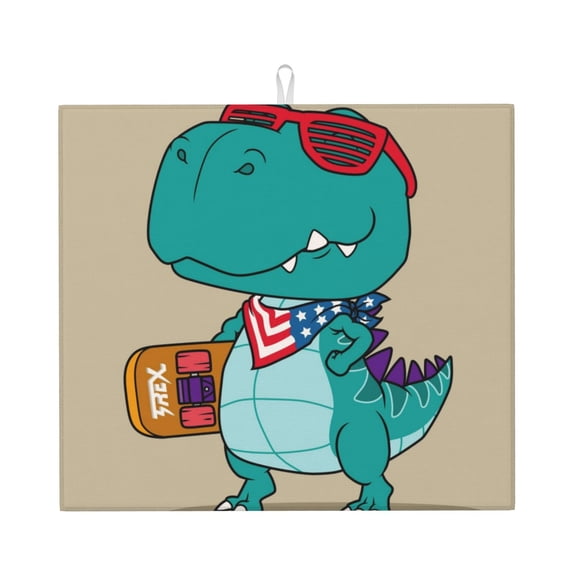 Xecao Cool Dino Playing Skateboard Print Dish Drying Mat for Kitchen Counter,Absorbent Coffee Bar Mat, Dish Drainer Rack Mats,Dining Room Decoration