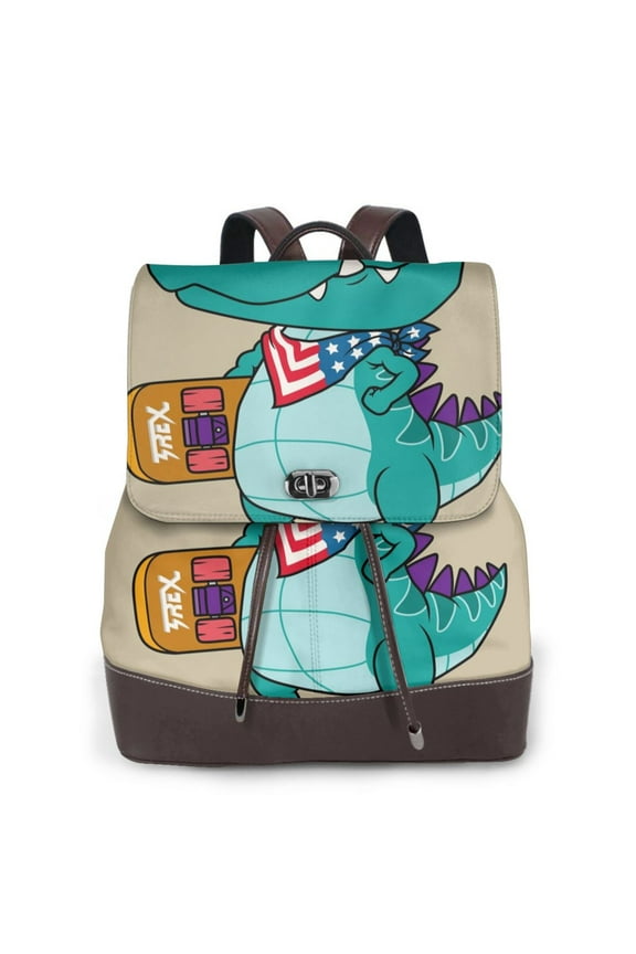 Cool Dino Playing Skateboard Print Large Backpack Soft Leather for Women Travel with Compartment, Adjustable Convertible Strap