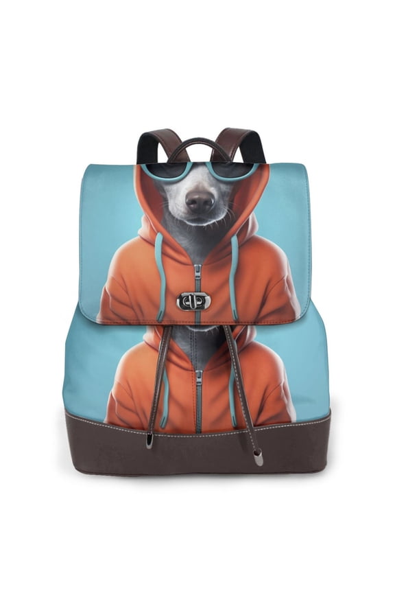 Cool Dog In Hoodie Print Large Backpack Soft Leather for Women Travel with Compartment, Adjustable Convertible Strap