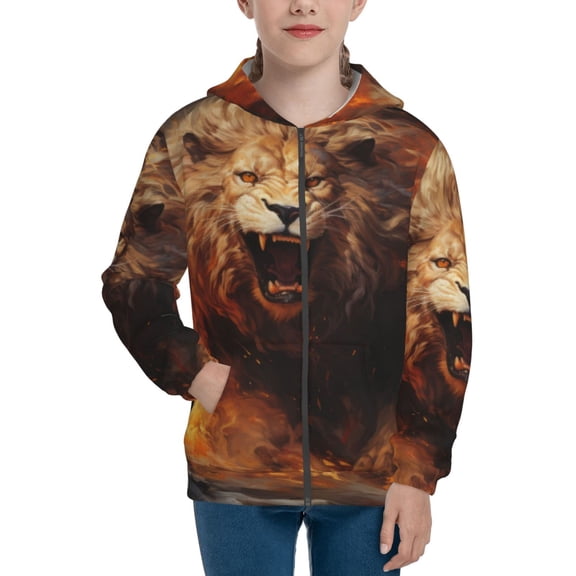 Xecao Cool Fire Lion Pattern Zip Up Hoodies for Boys Girls, Sweatshirt with Pockets-Medium