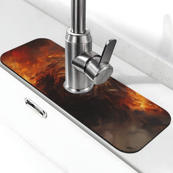 Xecao Cool Fire Lion for Kitchen Sink Splash Guard Faucet Mat , Faucet Guard & Draining mat, (15" X 5.5" )