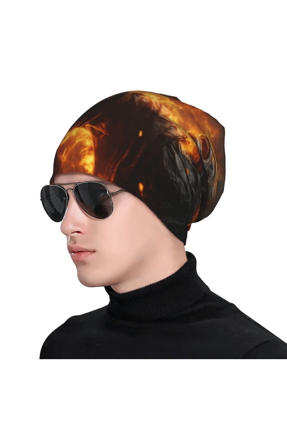 Cool Fire Man Print Beanie Knitted Hat for Men Women, Winter Fashion Knit Cuffed Caps Unisex