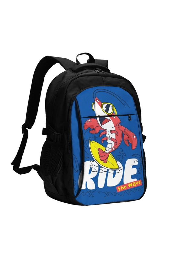 Cool Lobster Surfing for Travel Laptop Backpack, USB-Charging-Enabled, Spacious Business Backpack for Men and Women,College School Computer Bag