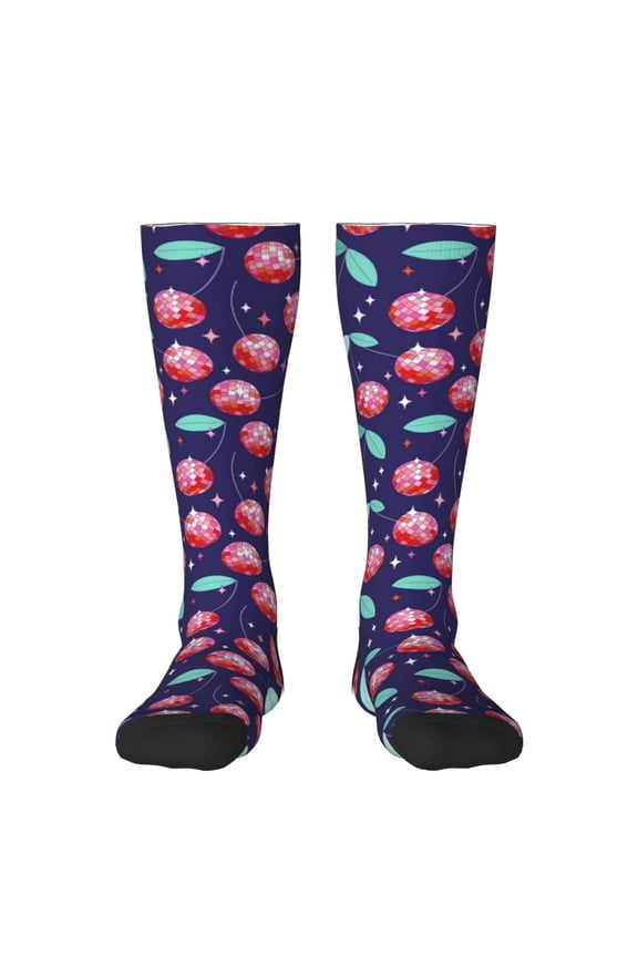 Cool Mirror Cherries print thigh-high socks, crafted for both men and women with a stretchy, high-opaque design perfect for daily wear