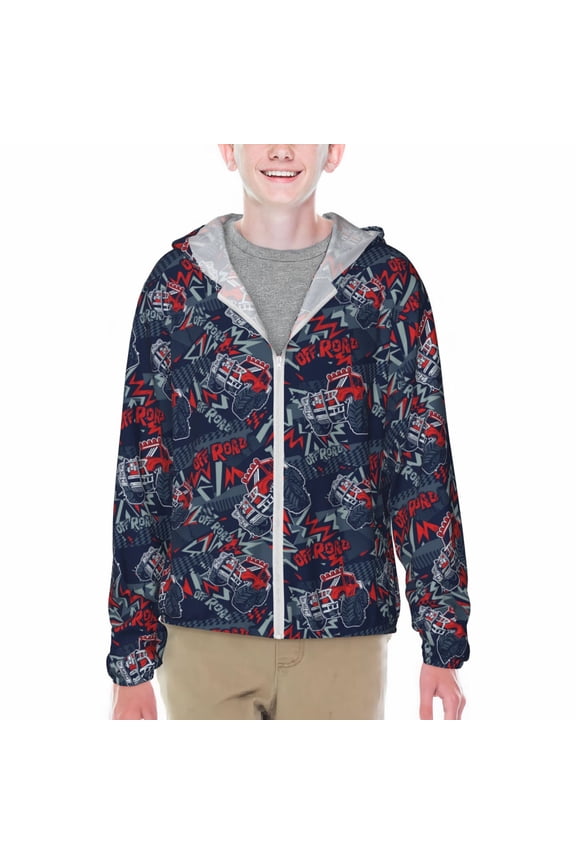 Cool Red Off-Road Vehicle Print Fishing Shirts for teenager Long Sleeve UV Sun Protection Hoodie with Zipper Outdoor Hiking Shirts-X-Large