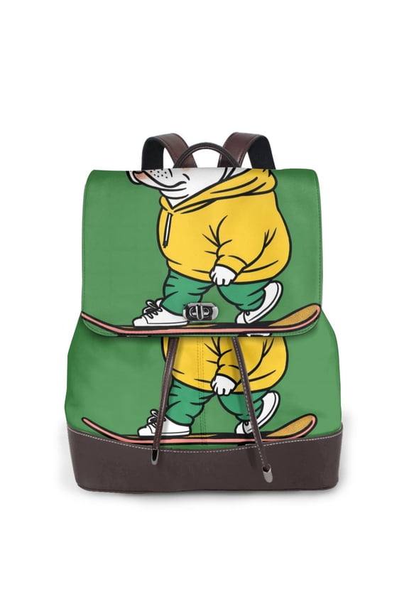Cool Skateboarding Bulldog Print Large Backpack Soft Leather for Women Travel with Compartment, Adjustable Convertible Strap