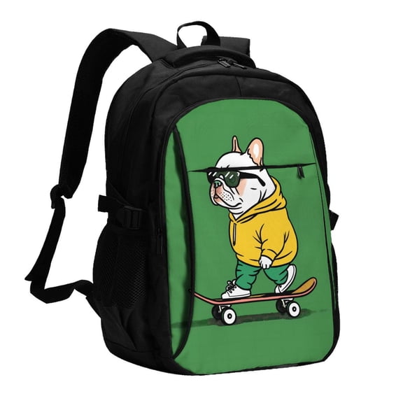 Xecao Cool Skateboarding Bulldog for Travel Laptop Backpack, USB-Charging-Enabled, Spacious Business Backpack for Men and Women,College School Computer Bag