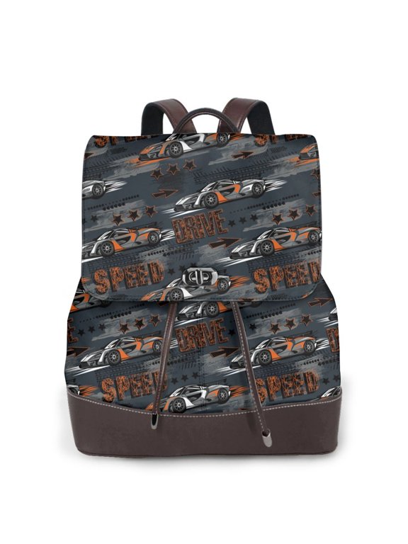 Cool Sports Car Print Large Backpack Soft Leather for Women Travel with Compartment, Adjustable Convertible Strap