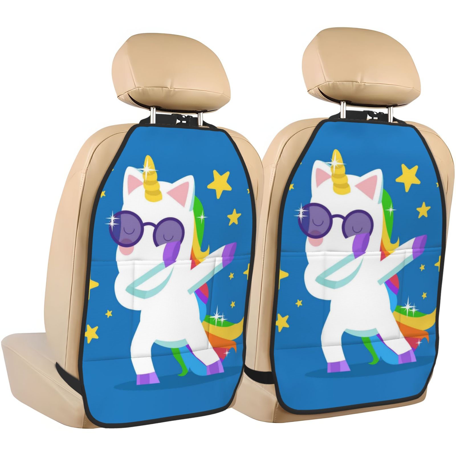 Xecao Cool Unicorn Star Golden Pattern Car Seat Back Protector 2 Pack Large Capacity Pocket, Kick Mats Back Seat Protector