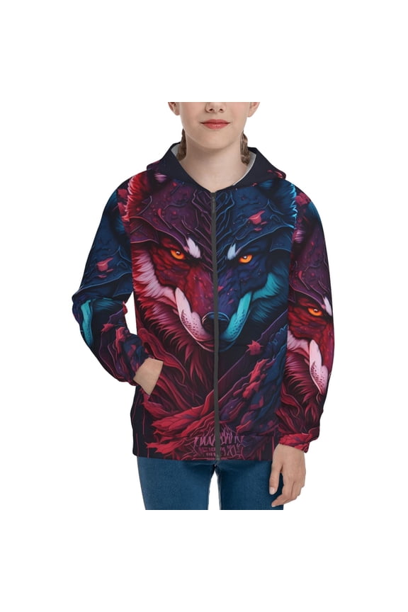 Cool Wolf Head Pattern Zip Up Hoodies for Boys Girls, Sweatshirt with Pockets-Medium