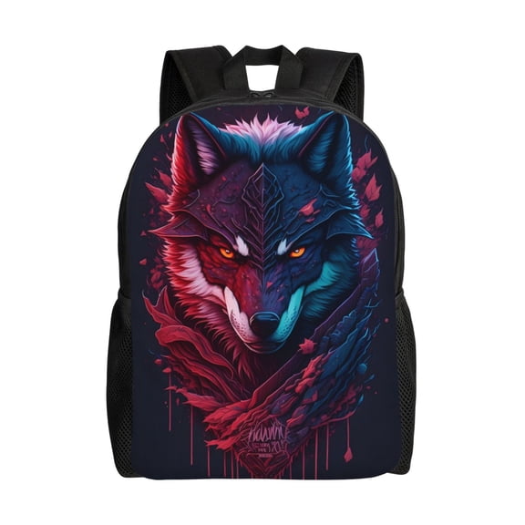 Xecao Cool Wolf Head Print School Backpack with Laptop Compartment Small Travel Laptop Backpack for Women Men Waterproof College Backpack Simple School Bag