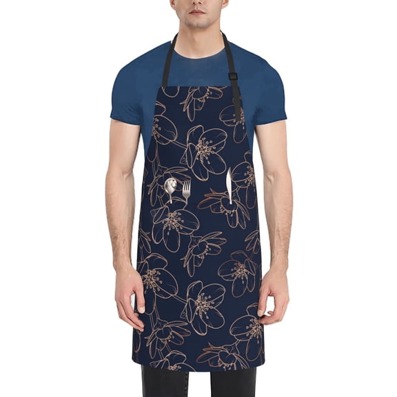 Xecao Copper-Gold Gloss Outline Cherry Print Kitchen Cooking Aprons, Waterproof Adjustable Bib Aprons with 2 Pockets for Women Men Chef