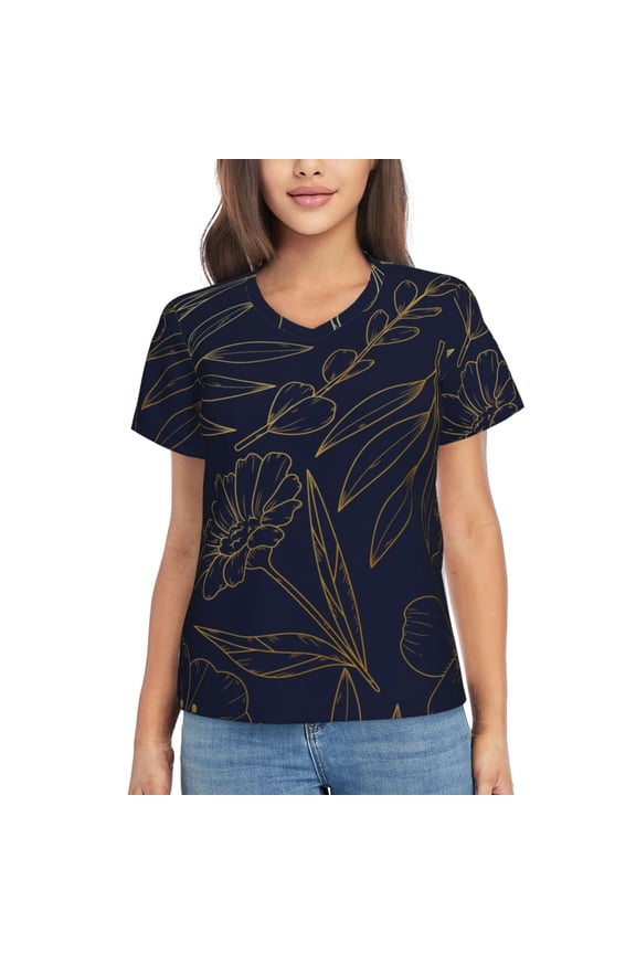 Copper-Gold Gloss Outline Flower for Women's V-Neck T-Shirts-Elegant Half-Sleeve Tops Perfect for Summer-Medium