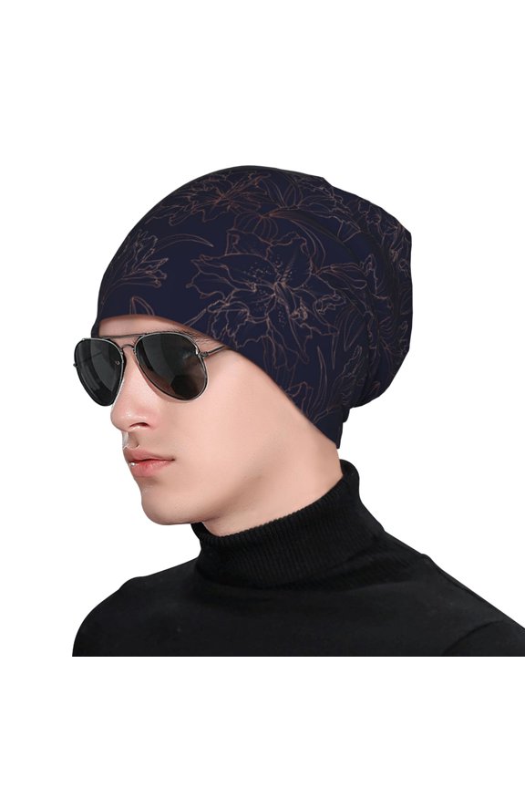 Copper-Gold Gloss Outline Flower1 Print Beanie Knitted Hat for Men Women, Winter Fashion Knit Cuffed Caps Unisex