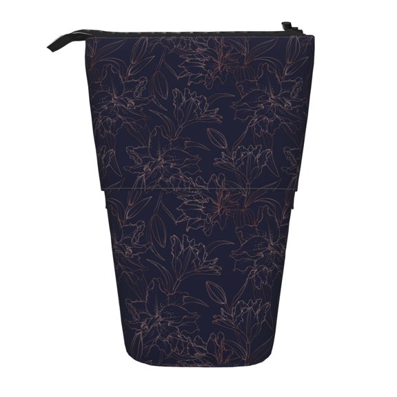 Xecao Copper-Gold Gloss Outline Flower1 Print Telescopic Pencil Bag Pen Holder Pop Up Stationery Case Stand-up Retractable Transformer Bag Standing Organizer