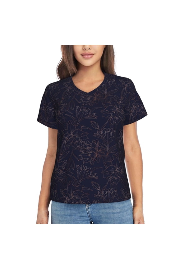 Copper-Gold Gloss Outline Flower1 for Women's V-Neck T-Shirts-Elegant Half-Sleeve Tops Perfect for Summer-Large