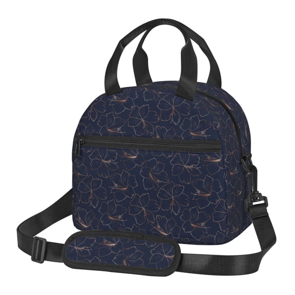 Xecao Copper-Gold Gloss Outline Lily Flower Print Insulated Lunch Box, Lunch Cags Lunch Bag Featuring An Adjustable Shoulder Strap