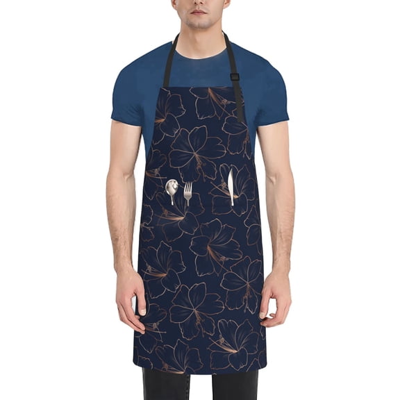Xecao Copper-Gold Gloss Outline Lily Flower Print Kitchen Cooking Aprons, Waterproof Adjustable Bib Aprons with 2 Pockets for Women Men Chef