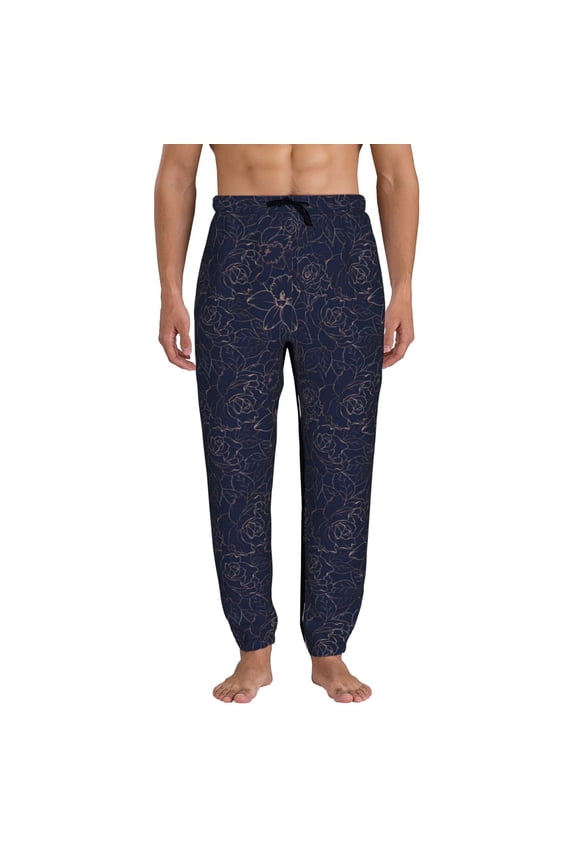 Copper-Gold Gloss Outline Navy Dark Blue Print Active Tech Joggers for Men, Mens Sweatpants Lounge Pants with Pockets-Medium