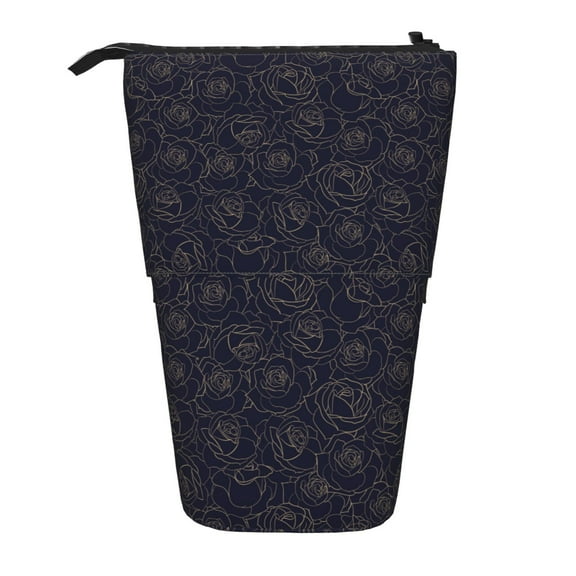 Xecao Copper-Gold Gloss Outline Rose1 Print Telescopic Pencil Bag Pen Holder Pop Up Stationery Case Stand-up Retractable Transformer Bag Standing Organizer