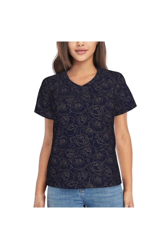 Copper-Gold Gloss Outline Rose1 for Women's V-Neck T-Shirts-Elegant Half-Sleeve Tops Perfect for Summer-Medium