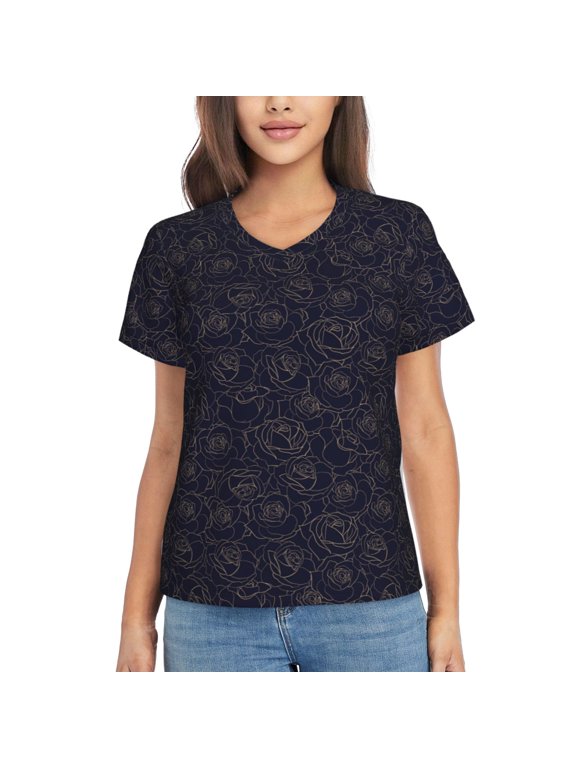 Copper-Gold Gloss Outline Rose1 for Women's V-Neck T-Shirts-Elegant Half-Sleeve Tops Perfect for Summer-Medium