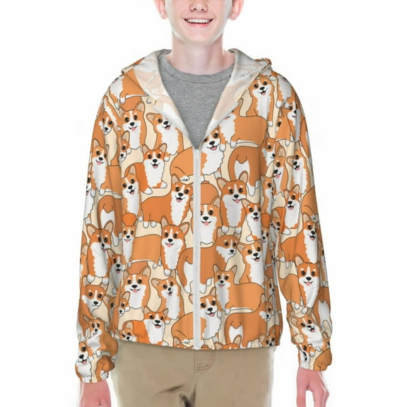 Xecao Corgi Animal Print Fishing Shirts for teenager Long Sleeve UV Sun Protection Hoodie with Zipper Outdoor Hiking Shirts-X-Large