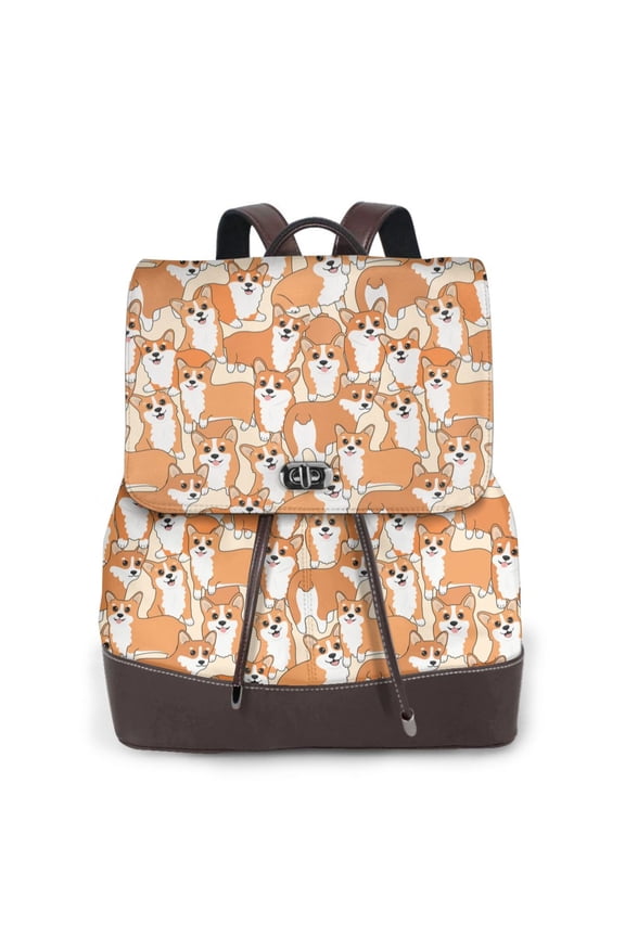 Corgi Animal Print Large Backpack Soft Leather for Women Travel with Compartment, Adjustable Convertible Strap