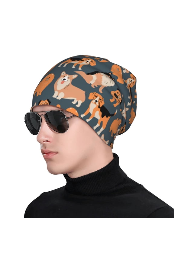 Corgi Collie Pug Print Beanie Knitted Hat for Men Women, Winter Fashion Knit Cuffed Caps Unisex