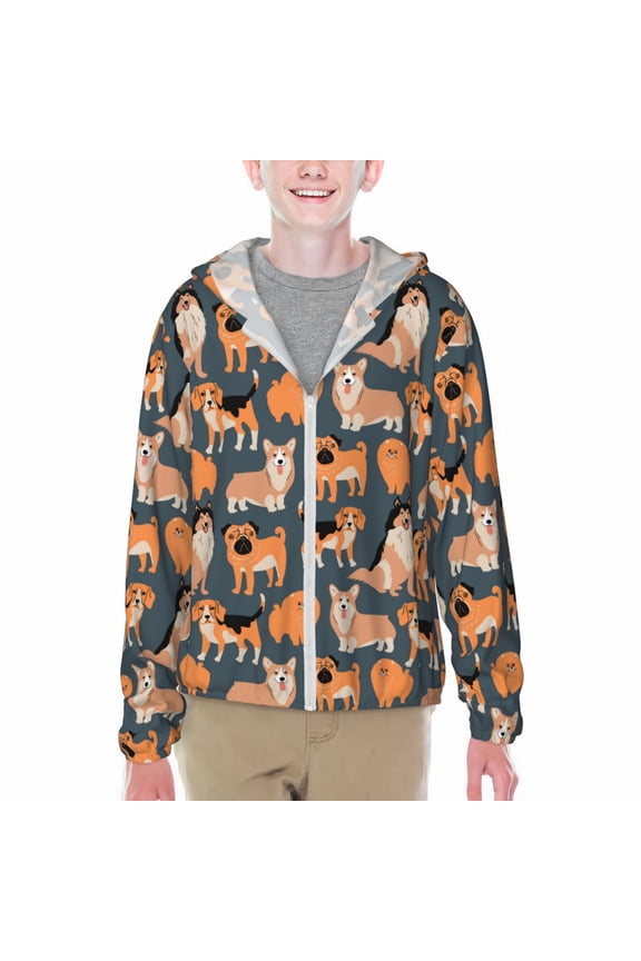 Corgi Collie Pug Print Fishing Shirts for teenager Long Sleeve UV Sun Protection Hoodie with Zipper Outdoor Hiking Shirts-Small