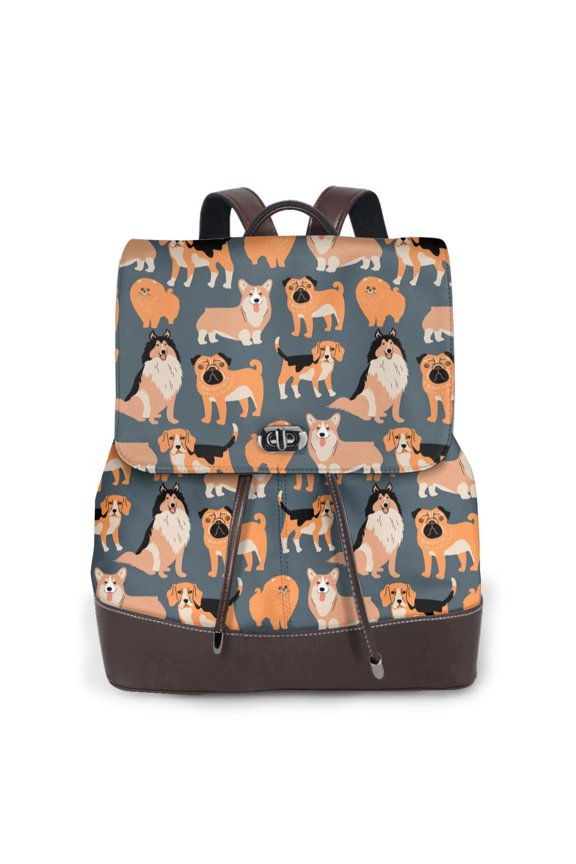Corgi Collie Pug Print Large Backpack Soft Leather for Women Travel with Compartment, Adjustable Convertible Strap
