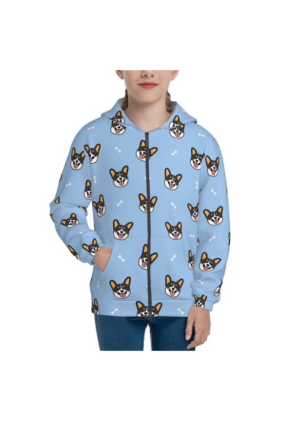 Corgi Dog Pattern Zip Up Hoodies for Boys Girls, Sweatshirt with Pockets-Medium