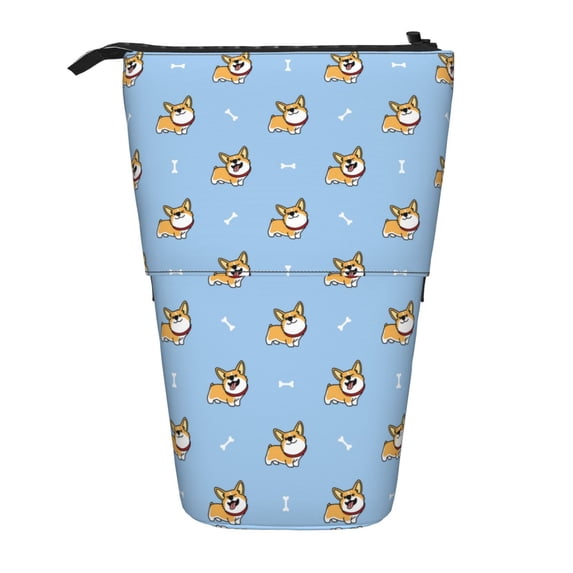 Xecao Corgi Dog Print Telescopic Pencil Bag Pen Holder Pop Up Stationery Case Stand-up Retractable Transformer Bag Standing Organizer