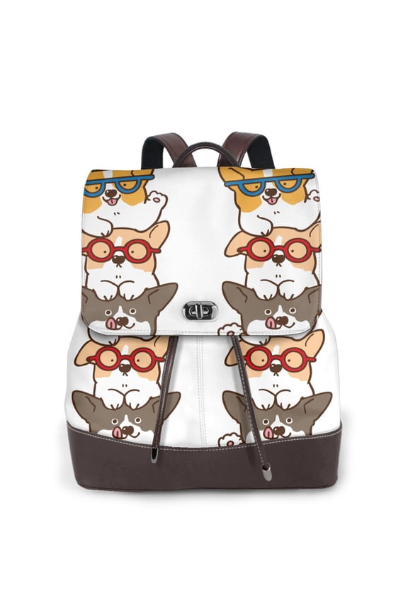 Corgi Dog2 Print Large Backpack Soft Leather for Women Travel with Compartment, Adjustable Convertible Strap