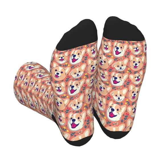 Xecao Corgi Head with Floal Print Crew Socks for Men and Women, Men's Soft Moisture-wicking Sock