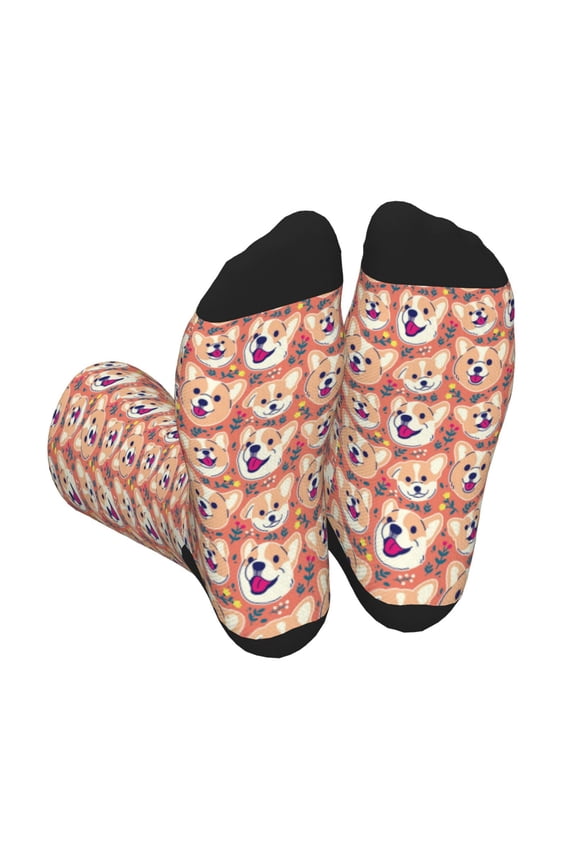 Corgi Head with Floal Print Crew Socks for Men and Women, Men's Soft Moisture-wicking Sock