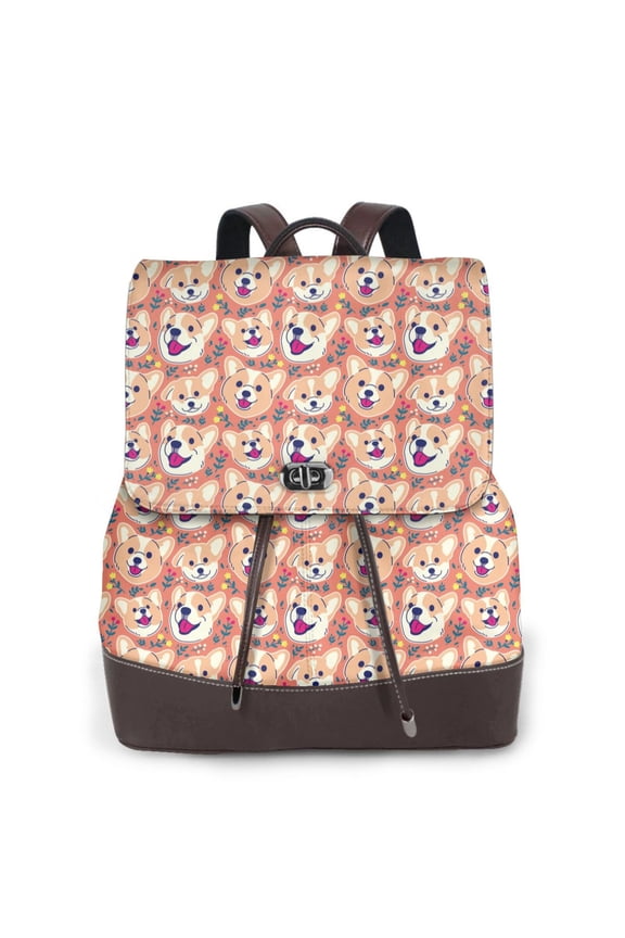 Corgi Head with Floal Print Large Backpack Soft Leather for Women Travel with Compartment, Adjustable Convertible Strap