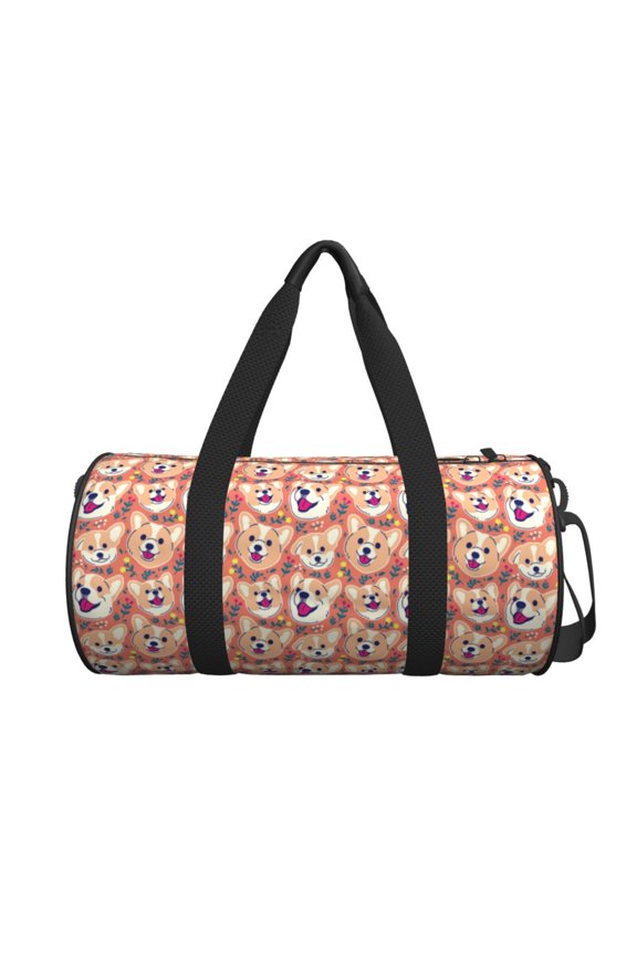 Corgi Head with Floal print Round Travel Duffel Bag is a foldable gym bag with an inner pocket, perfect for travel sports