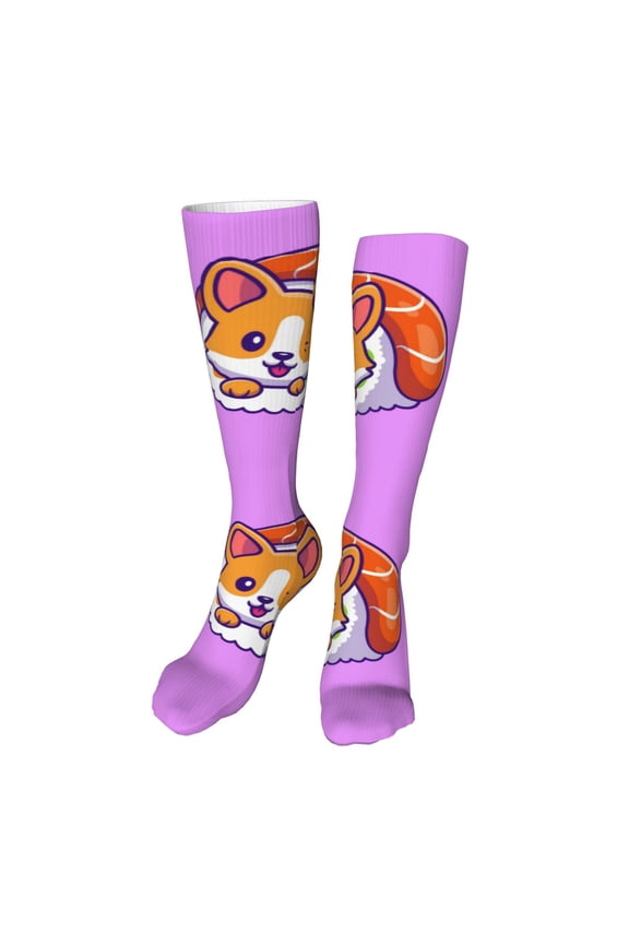 Corgi In Sushi Roll Print Calf Socks Seamless Toe, Knee High Long Socks, Sports Socks Trouser Socks for Women and Men-One Size