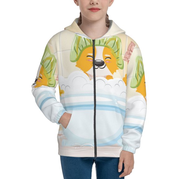 Xecao Corgi In The Shower Cap Bathing Pattern Zip Up Hoodies for Boys Girls, Sweatshirt with Pockets-Small